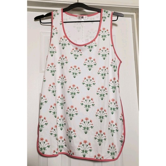 LAKE Tank Short Set Pajamas Medium Sunkissed Coral Tropical Bouquet Pima Cotton - Picture 3 of 12